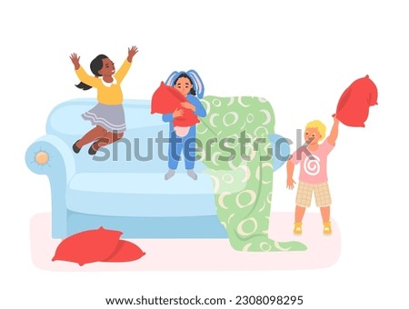 Happy cheerful kids having fun enjoying pillow fight game jumping on home sofa couch vector illustration isolated on white background