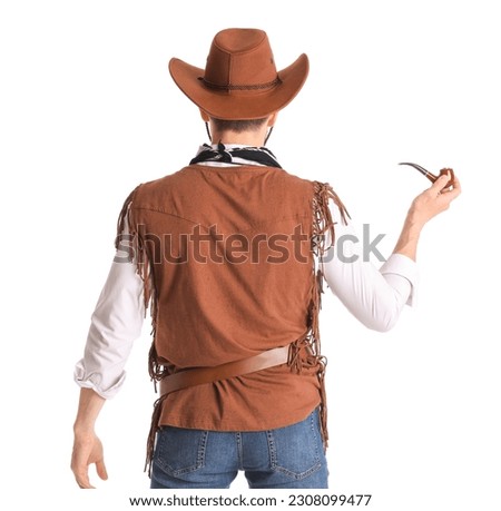Handsome cowboy with smoking pipe on white background, back view