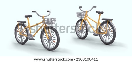 City bikes with shopping baskets. 3D image of modern personal vehicle. Transport that does not pollute environment. Realistic image of bicycle, front and back view Royalty-Free Stock Photo #2308100411