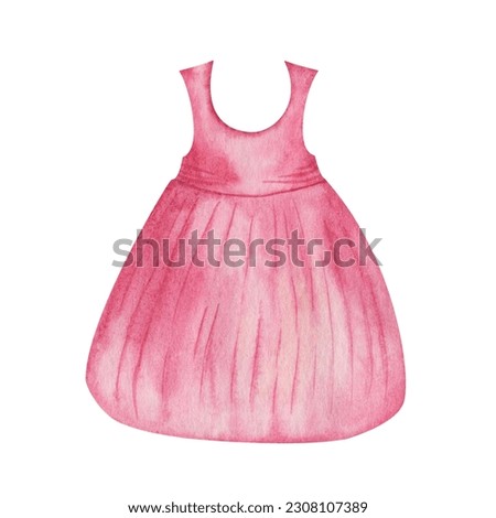 Watercolor illustration. Hand painted pink dress, sleevless t-shirt and fluffy, flared skirt. Woman's clothes. Girl's wardrobe. Feminine clothing. Isolated fashion clip art for shop banners, stickers