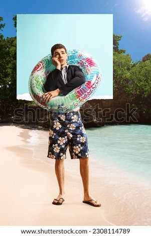 Sad, tired man, employee in formalwear and swimming suit dreaming baout going on vacation to beach and ocean. Creative collage. Concept of business and vacation, dreams and reality, inspiration. Ad