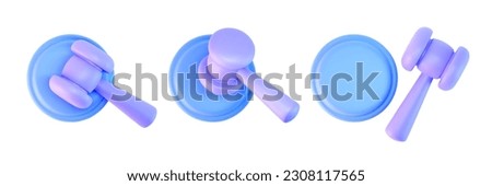 3d blue judge gavel top view icons isolated on white background. Render of auction hammer and concept of law and judgment. 3d cartoon simple vector illustration Royalty-Free Stock Photo #2308117565