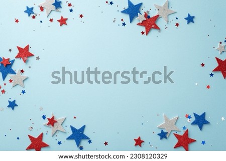 Get ready for Independence Day celebration with delightful arrangement of party accessories: Top view stars and shiny confetti. The pastel blue background includes vacant frame perfect for text or ad