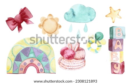 A set of hand-drawn watercolor elements for baby. Rainbow with an ornament. Cloud with raindrops. Lovely knitted booties. Multicolored cubes. Red bow. Sun. Beanbag. Sweet star.