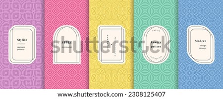 Colorful vector seamless patterns collection. Set of cute backgrounds with modern minimal labels. Abstract geometric floral textures. Spring summer decor. Simple cute pattern design for babies, kids Royalty-Free Stock Photo #2308125407