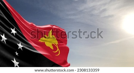 Papua New Guinea national flag cloth fabric waving on beautiful grey sky Background. Royalty-Free Stock Photo #2308133359