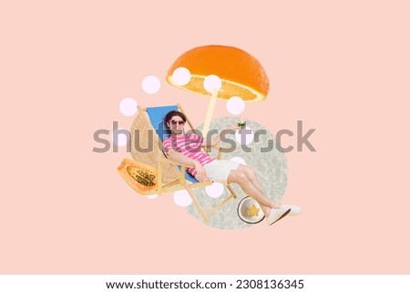 Photo collage artwork of chilling guy relaxing drinking fruit lemonade isolated creative background