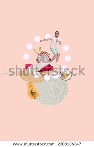 Photo cartoon collage picture of funky guy dancing enjoying fruit ice cream isolated creative pastel background