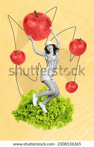 Photo collage artwork minimal picture of excited happy lady rising big red apple isolated graphical background