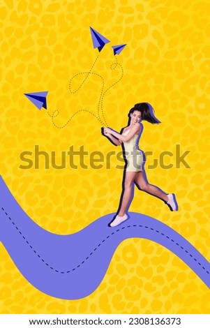Vertical collage image of happy girl run use smart phone flying paper planes isolated on painted yellow background