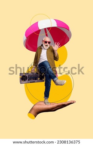Illustration collage of funny dancing careless senior man listen boombox music beach retro party atmosphere isolated on yellow background