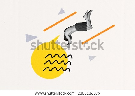 Artwork collage image of black white colors guy wear shorts jumping diving dialogue bubble isolated on drawing background
