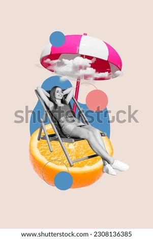 Vertical collage of dreamy lovely charming lady lie sunbed tanning on huge orange fruit slice under parasol isolated over beige background