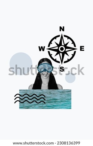 Vertical collage picture of excited carefree black white colors girl diving goggles show tongue water compass isolated on white background
