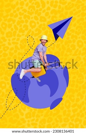 Vertical collage image of excited guy flying suitcase paper plane around planet earth globe isolated on yellow background