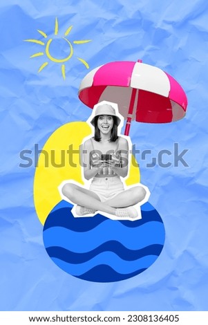 Vertical collage of young surprised good mood girl hold phone booking hotel ocean breathe sun protect umbrella isolated on blue background