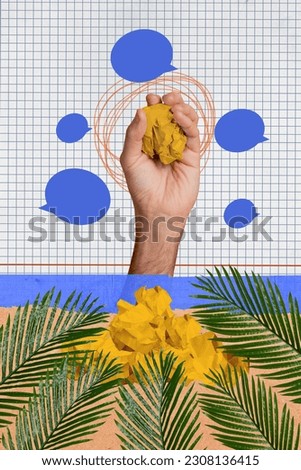 Picture poster collage image of human man arm hold yellow crumpled paper throws out waste sea shore coast isolated on painting background