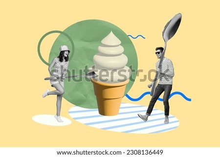 Poster banner collage of people friends lady guy enjoying summer dessert eating soft ice cream with spoon