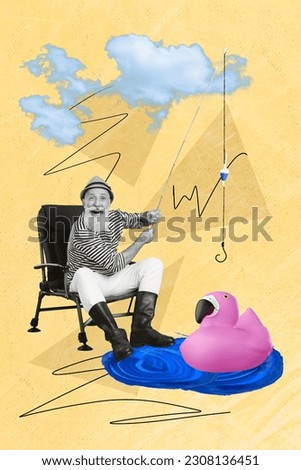 Creative 3d photo artwork graphics collage painting of smiling senior guy catching rubber flamingo isolated drawing background