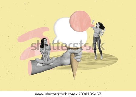 Poster banner collage of two girls speaking talking together advertising summer season sales on ice cream snack dessert