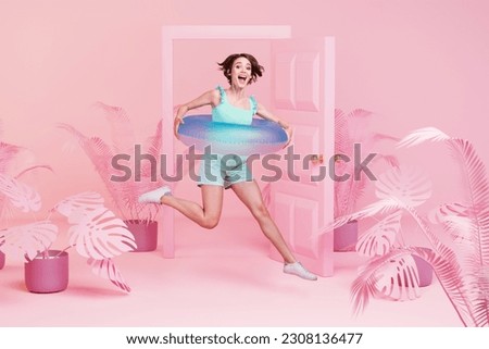 3d collage graphics of smiling excited lady swimming floating circle isolated painting pink colors background