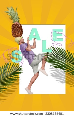 Vertical photo collage young excited guy have pineapple on head top shopping center buying summer fruits low price sale offers