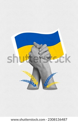 Poster banner activist collage of two people hands showing helping sign symbolize world global help for ukraine fight russia aggression Royalty-Free Stock Photo #2308136487