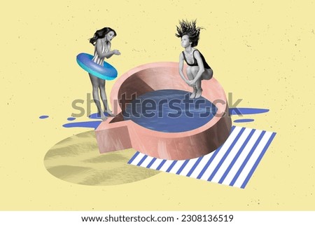 Poster banner 3d collage of two people friends lady enjoying swimming jump in mind cloud shape pool