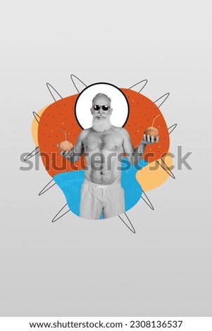 Photo collage artwork picture of cool senior guy enjoying coconut water isolated graphical background