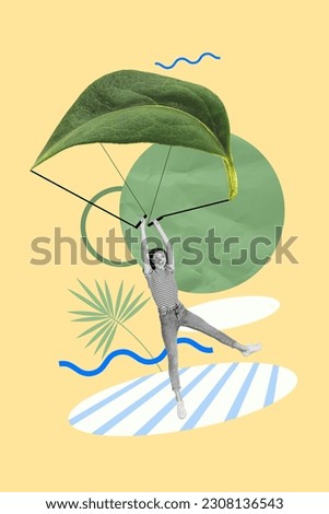Poster banner collage of lady sportsman enjoy adrenaline sports landing on leaf parachute Royalty-Free Stock Photo #2308136543