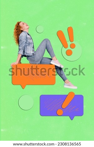 Vertical collage picture of mini positive girl sit dialogue chat bubble exclamation mark isolated on green background
