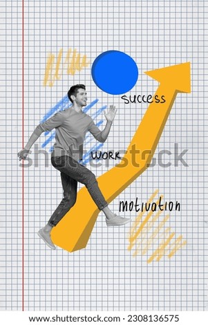 Photo collage artwork minimal picture of excited purposeful guy running achieving success isolated graphical background