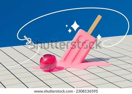 Photo billboard banner 3d collage picture tasty candy on the floor near delicious pink fruit melting ice cream warm weather sunny day Royalty-Free Stock Photo #2308136595