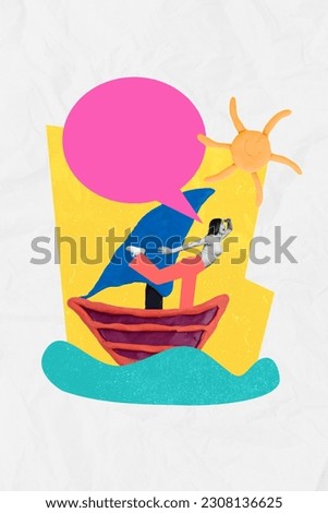 Creative collage of funky young woman speaking swimming ocean plasticine ship exploring ocean sunny weather isolated on white background