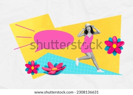 Composite collage of young funky girl touch sunhat communication message advert shopping ad plasticine flower isolated on white background