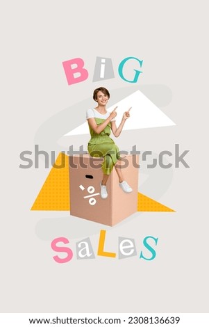 Composite photo collage of young addicted shopaholic lady promoter direct fingers big sales sit huge carton box isolated on grey background