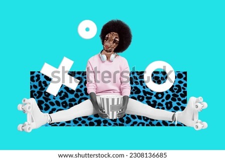 Collage minimal picture of funky cool lady cat instead head rolling eating popcorn isolated turquoise color background