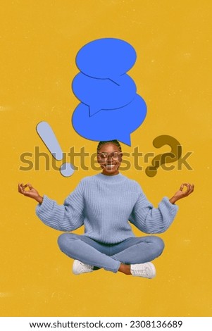 Photo collage artwork minimal picture of dreamy yoga lady having many thoughts isolated brown color background