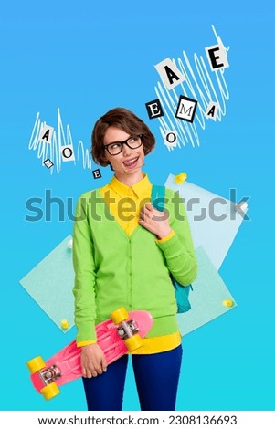 Photo cartoon sketch collage picture of tricky cunning lady walking school isolated blue color background