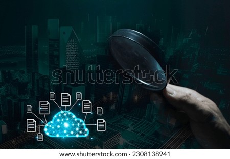 Cloud technology. Polygonal wireframe cloud storage sign with search magnifier icon on dark blue. Cloud computing, big data center, future infrastructure, digital ai concept. Virtual hosting symbol Royalty-Free Stock Photo #2308138941
