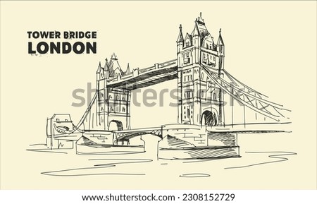 Tower Bridge, London, England, UK. Hand Drawn Illustration. Vector vintage background. Line art. Royalty-Free Stock Photo #2308152729