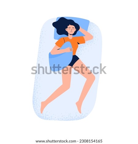 A woman sleeps in a back pose with pillow. Top view of night sleeping position. Vector illustration in flat style isolated on white background.