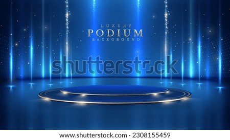 Empty podium golden on blue background with light neon effects with bokeh decorations. Luxury scene design concept. Vector illustrations. Royalty-Free Stock Photo #2308155459