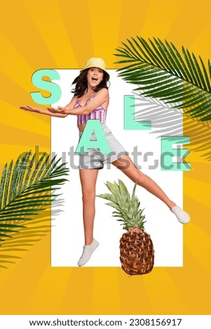 Vertical photo 3d collage poster banner of crazy funky girl have fun jump up rejoice low price isolated on yellow color background