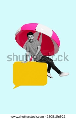 Creative mockup template collage of happy fun young guy sitting text box advertise resort summer booking