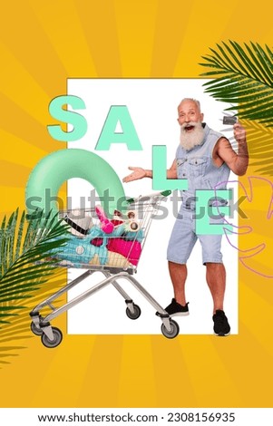 Creative photo 3d collage billboard banner of funky elderly man promoting store center card payment isolated on yellow color background