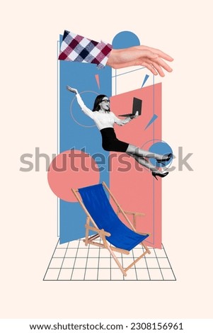 Designed collage illustration of crazy young lady booking virtual tour her vacation dream sunbed warm country isolated on drawn background