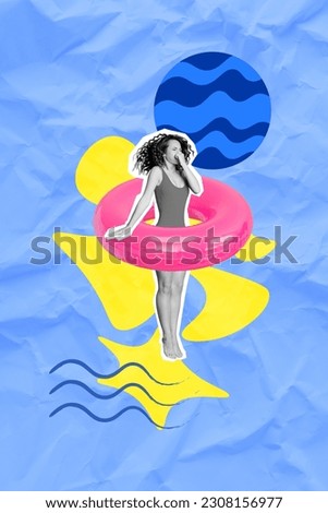 Colorful 3d graphical collage traveler girl jumping into water ocean close hr nose have fun use pink float summer vacation