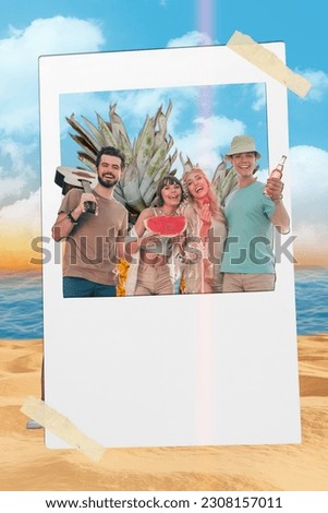 Photo picture artwork 3d collage of carefree people positive company have fun spend time seaside weekend tour walk ocean water sand coast