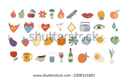Summer Clip Art Bundle: Trendy Stickers, Fruits, Drinks, Habits, Cigarettes, Wine, Glass, Skateboard, Fire, Radio, Heart, Doodle Elements, Diary, and Notebook Stickers
